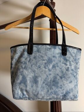 Kathy Von Zeeland Denim-Effect Tote Bag with Black Patent Trim